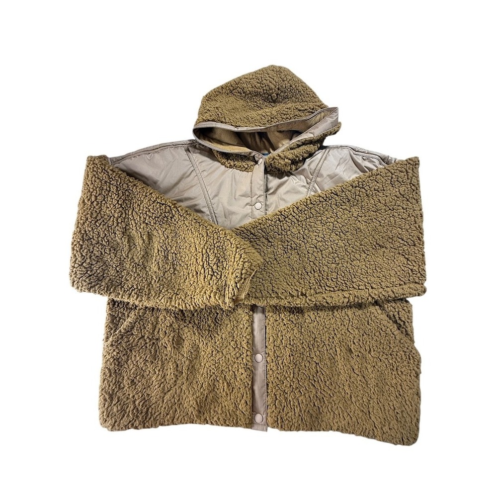 prAna Jacket Women Large Brown Sherpa Fleece Hooded Crop Outdoor Cozy‎